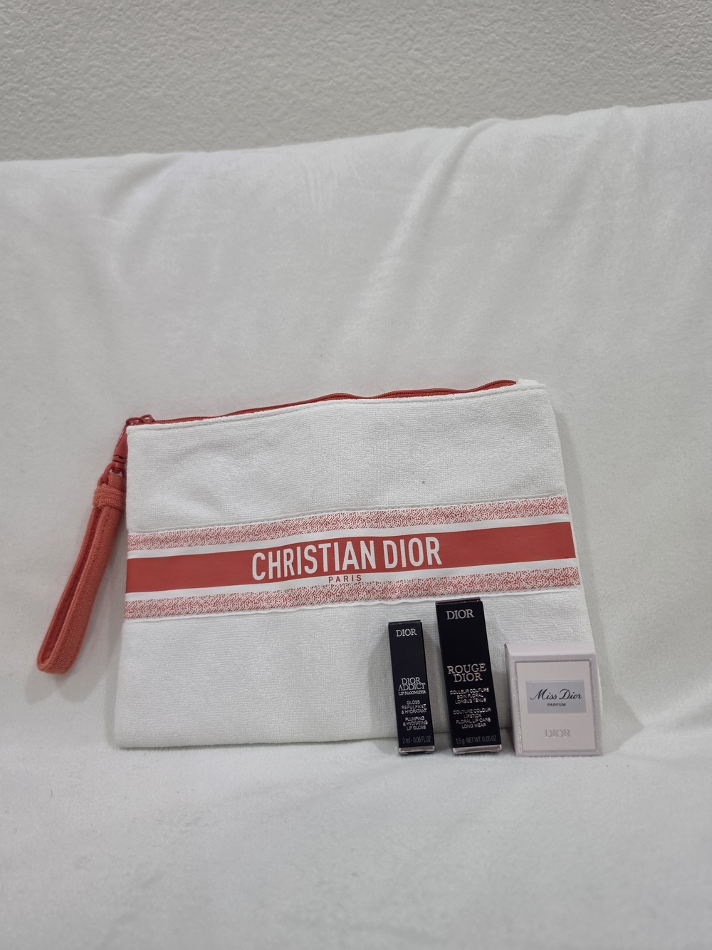 Dior White & Coral Logo Canvas Pouch With Mini Travel Essentials.